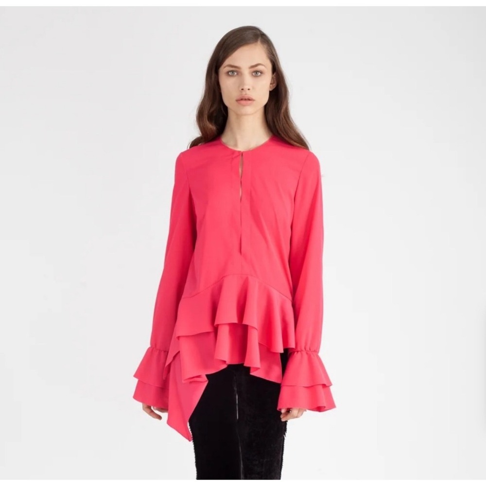 Genny Pink Ruffle Asymmetrical Long Sleeve Blouse Top‎ 6 Going Out Statement